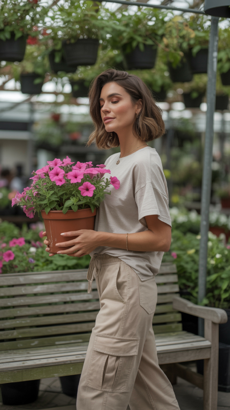 Beige drawstring cargo pants styled with a soft tee, worn at a garden center while holding a pot of pink flowers.