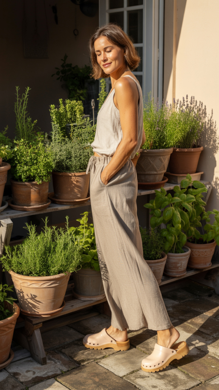 Natural wooden clogs styled with wide-leg linen pants, worn in a garden filled with potted herbs.