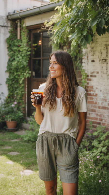 Olive drawstring Bermuda shorts styled with a relaxed cream tee, worn in a backyard garden while holding iced coffee.