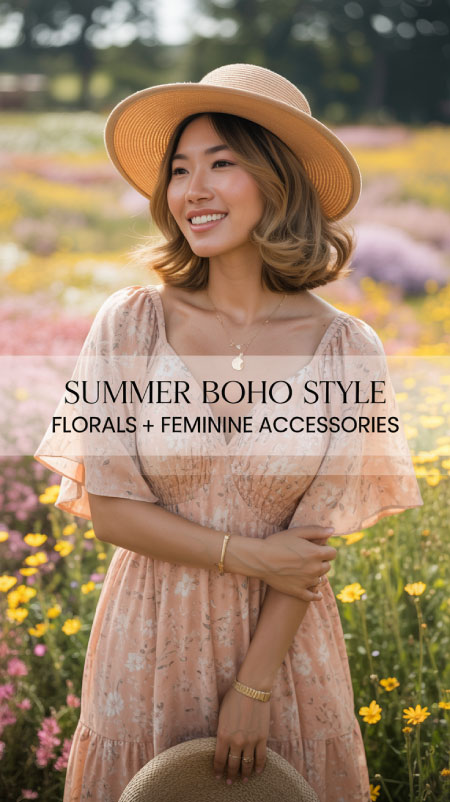 Woman in a floral midi dress holding her straw hat in a blooming field.