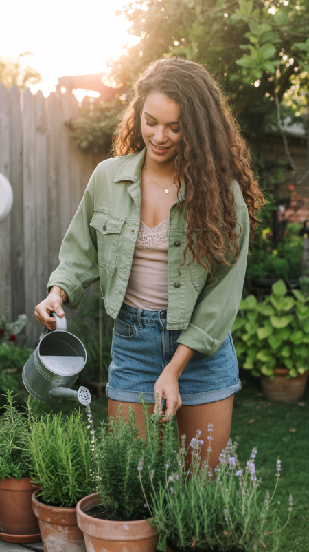 Beige drawstring cargo pants styled with a soft tee, worn at a garden center while holding a pot of pink flowers.