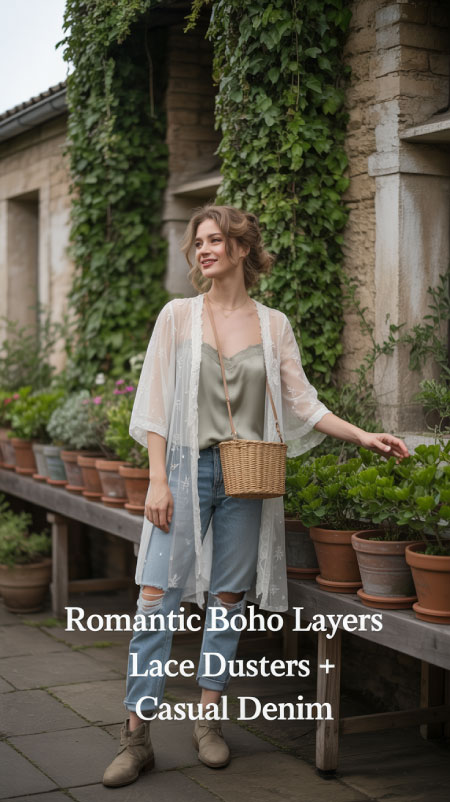 Woman in a white lace duster with distressed denim and sandals in front of a garden wall.