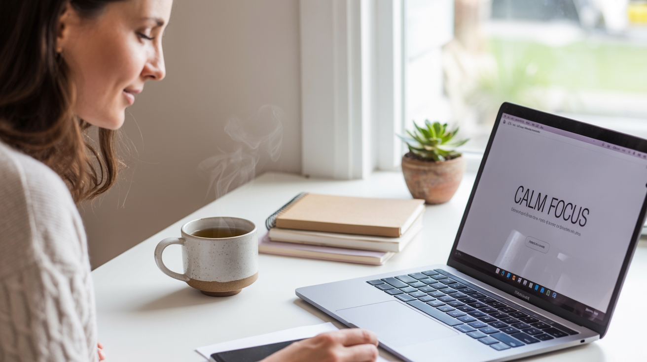 A relaxed woman sitting in a cozy chair by the window, journaling with coffee nearby and a laptop resting on a side table.