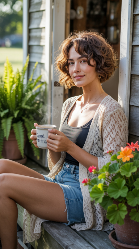 Cream-colored lace cardigan worn over a black tank and denim shorts, seated on a porch step with a coffee mug surrounded by summer flowers.