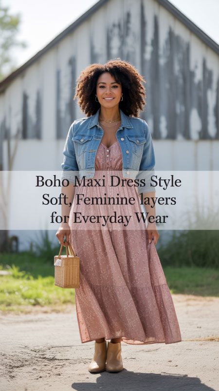 Woman wearing a flowy boho floral maxi dress with a light denim jacket, standing near a rustic fence.