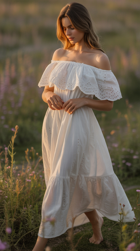 White off-the-shoulder midi dress with eyelet lace trim, worn barefoot while walking through a wildflower-filled field at golden hour.