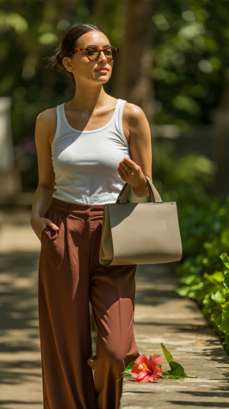 Woman wearing mocha wide-leg pants and a fitted white tank top, carrying a structured neutral handbag and wearing tortoiseshell sunglasses in a sunny outdoor setting.
