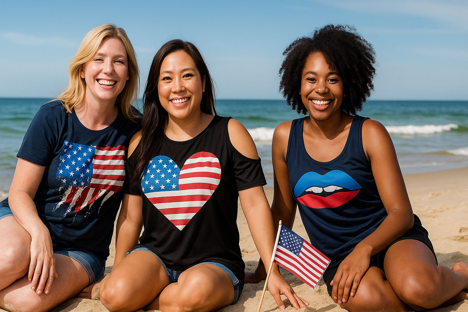 Three young women—one Black, one Asian, and one Caucasian—sit side by side on a sunny beach, each wearing a different patriotic red, white, and blue shirt. The ocean and blue sky create a vibrant summer backdrop as they smile and relax in festive 4th of July outfits. This image represents diverse women's fashion for Independence Day, highlighting casual and flattering Amazon-style patriotic tops.