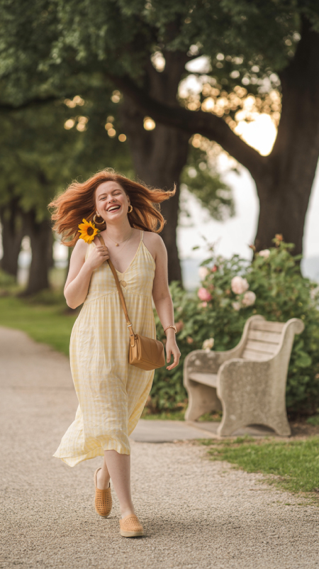 Woman with red hair wearing a butter yellow striped sundress, gold hoop earrings, and a tan crossbody bag, walking joyfully along a garden path holding a sunflower.