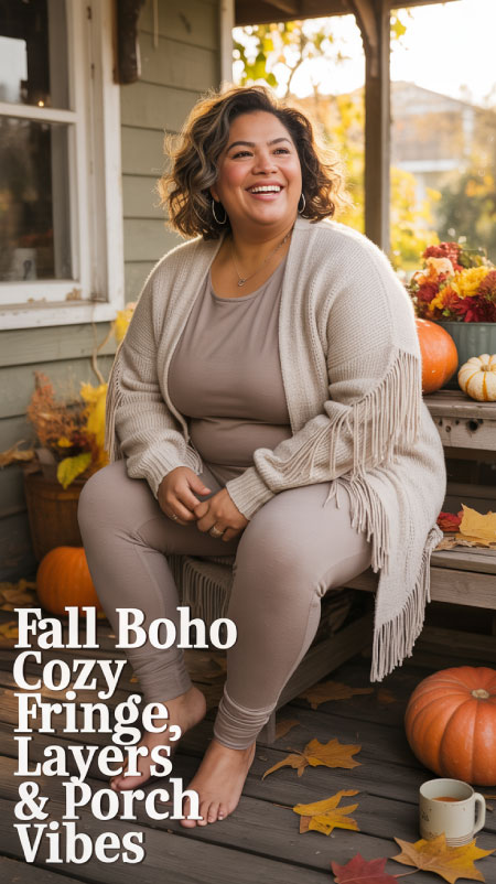 Woman sipping coffee in a boho fringe cardigan and leggings on a porch swing.