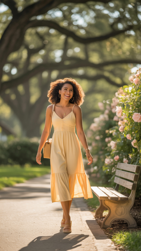 Woman with curly hair in a butter yellow sundress, smiling as she walks a garden path near blooming roses, wearing hoop earrings and a tan woven handbag.