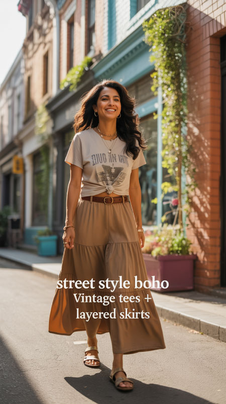 Woman walking down a city sidewalk in a tiered skirt and graphic tee with layered jewelry.