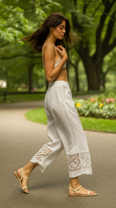 White linen pants with lace insets at the hem, styled with nude sandals and a crop top, worn while walking in a park.