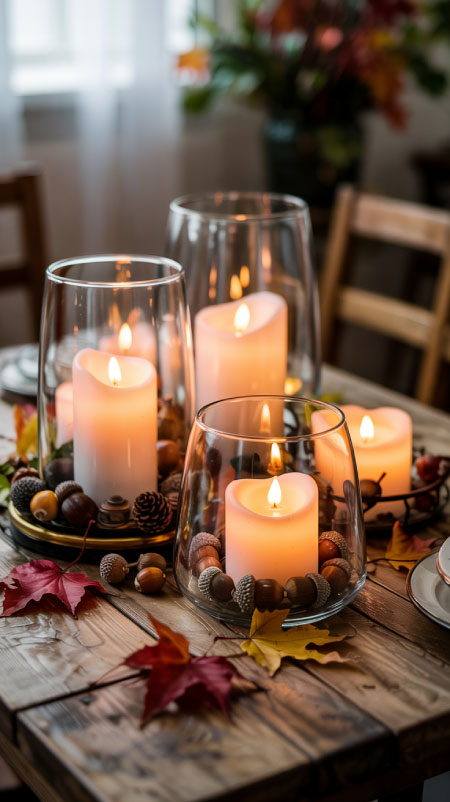 LED flameless pillar candles with glass hurricane holders and autumn accents—Amazon fall table centerpiece decor