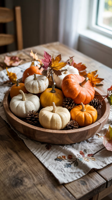 Rustic wooden dough bowl filled with pumpkins, pinecones, and faux leaves—easy fall centerpiece idea from Amazon