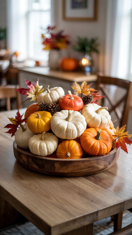 Rustic wooden dough bowl filled with pumpkins, pinecones, and faux leaves—easy fall centerpiece idea from Amazon