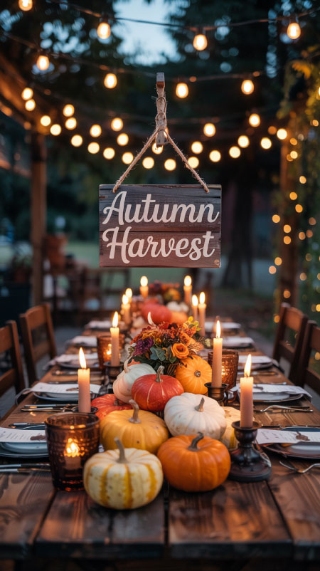 Close-up of patio string lights glowing above a rustic outdoor dining table decorated with mini pumpkins and candles—realistic evening scene
