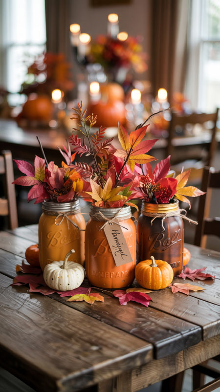 Mason jar centerpiece with faux leaves, mini pumpkins, and twine—easy DIY fall table decor idea