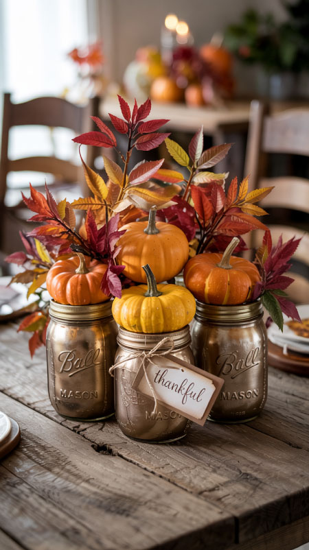 Mason jar centerpiece with faux leaves, mini pumpkins, and twine—easy DIY fall table decor idea
