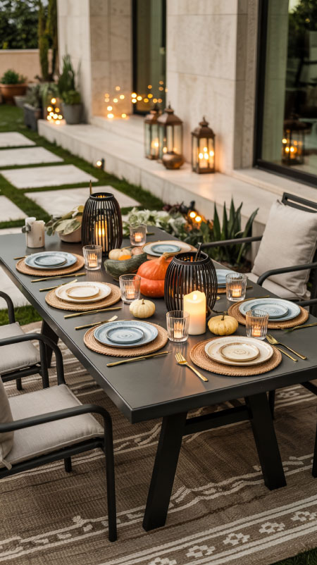 Rustic Outdoor dining table with plaid outdoor rug, lanterns, and pumpkins for a cozy fall patio party