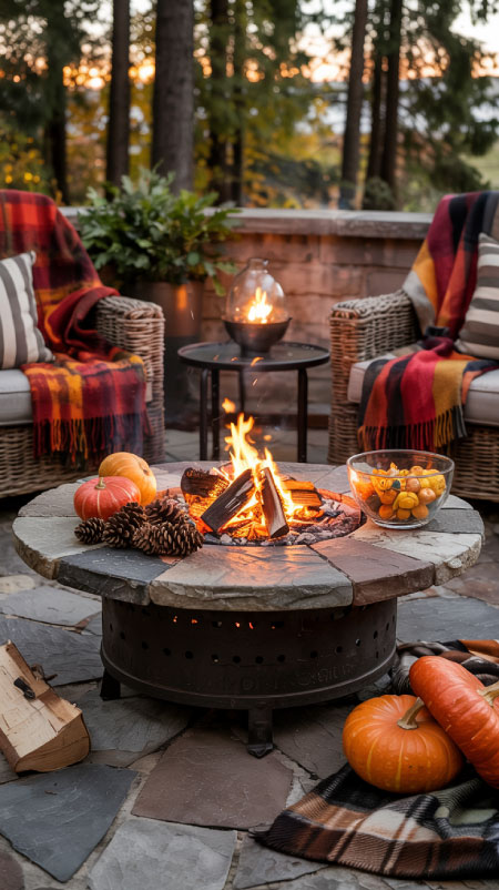 Patio firepit table surrounded by outdoor seating with blankets draped over chairs, warm golden flames glowing—realistic cozy fall setting