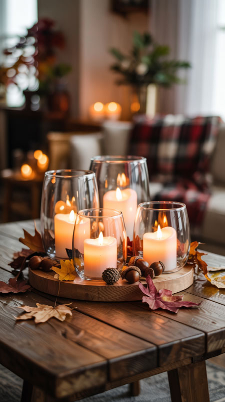LED flameless pillar candles with glass hurricane holders and autumn accents—Amazon fall table centerpiece decor