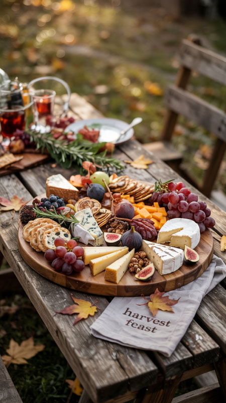Fall charcuterie board with cheeses, figs, and crackers on wooden tray—outdoor autumn dinner party