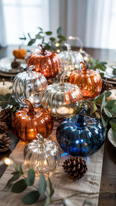 Glass pumpkins with glowing fairy lights on table runner—elegant Amazon fall centerpiece idea.”