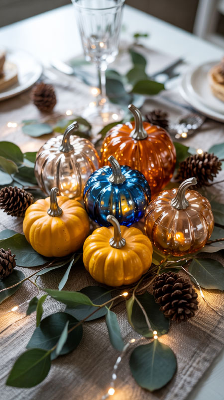 Glass pumpkins with glowing fairy lights on table runner—elegant Amazon fall centerpiece idea.”