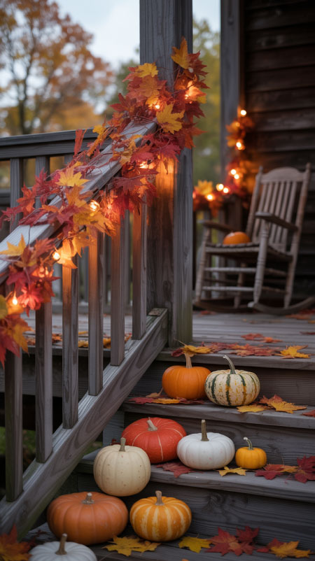 Porch railing draped with a maple leaf garland intertwined with glowing fairy lights, mini pumpkins lined along steps, rustic wood accents—realistic evening setting, cozy fall atmosphere