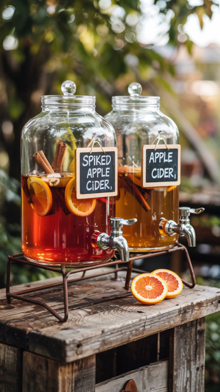 Glass drink dispenser with spiked apple cider, cinnamon sticks, and oranges—fall outdoor party drinks.”
