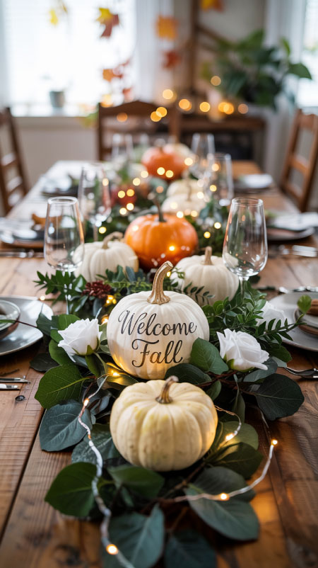 Eucalyptus and berry garland centerpiece with fairy lights and pumpkins—easy fall table decor inspiration.”