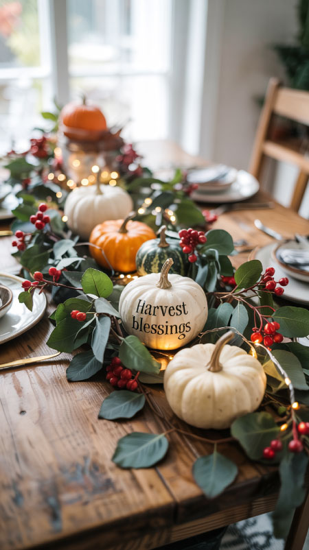 Eucalyptus and berry garland centerpiece with fairy lights and pumpkins—easy fall table decor inspiration.”