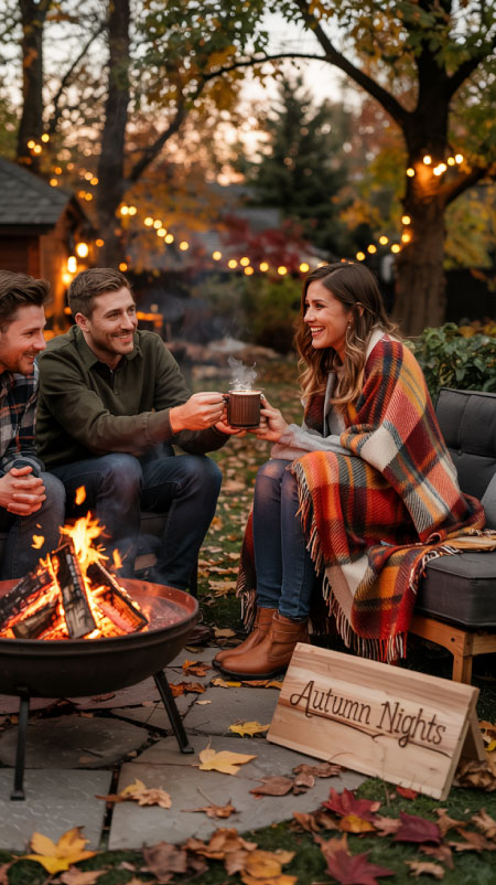 Plaid throw blankets draped over wooden outdoor chairs for a cozy fall backyard dinner
