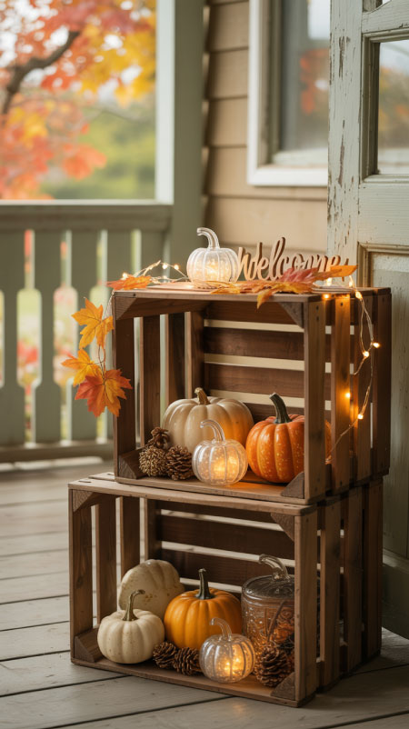 Stacked wooden crates holding pumpkins, pinecones, and LED candles—Amazon rustic fall porch decor inspiration.”