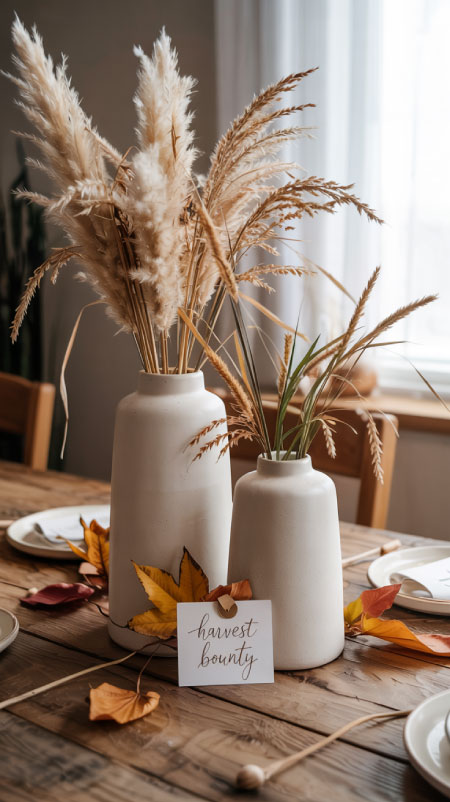 Ceramic vases filled with pampas grass and wheat stems—Amazon farmhouse fall table centerpiece idea.”