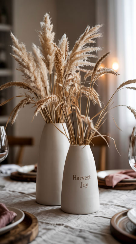 Ceramic vases filled with pampas grass and wheat stems—Amazon farmhouse fall table centerpiece idea.”