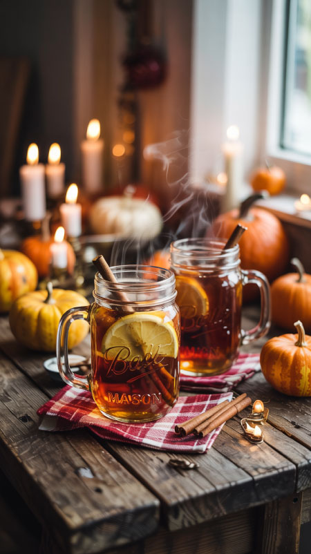 Mason jar glasses with spiked apple cider and cinnamon sticks on outdoor fall dining table