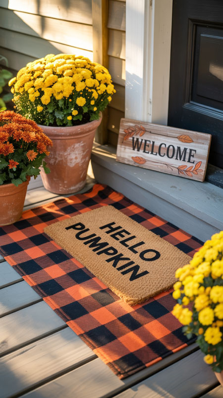 Front porch with a ‘Hello Pumpkin’ doormat layered over a larger plaid rug, flanked by two large mums in rustic planters and a vertical welcome sign—bright, inviting fall entryway—realistic photo