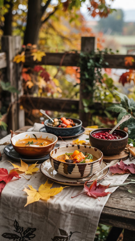 Ceramic pumpkin bowls filled with fall appetizers on a rustic outdoor dining setup