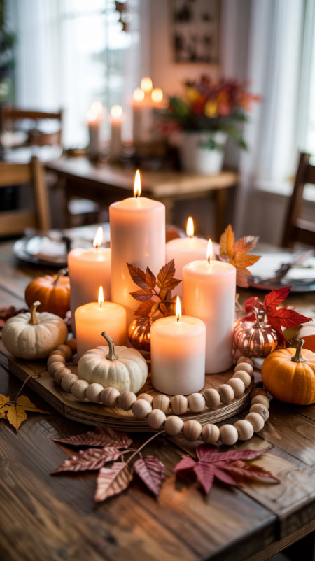Wooden bead garland draped around pumpkins and candles—rustic Amazon fall table centerpiece inspiration