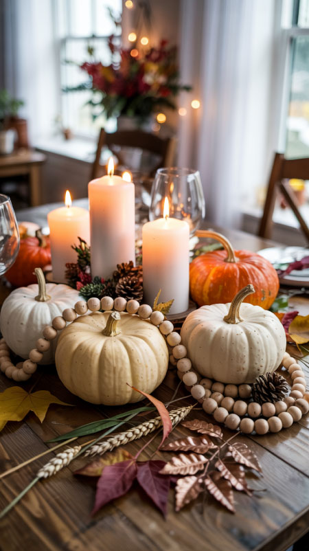 Wooden bead garland draped around pumpkins and candles—rustic Amazon fall table centerpiece inspiration