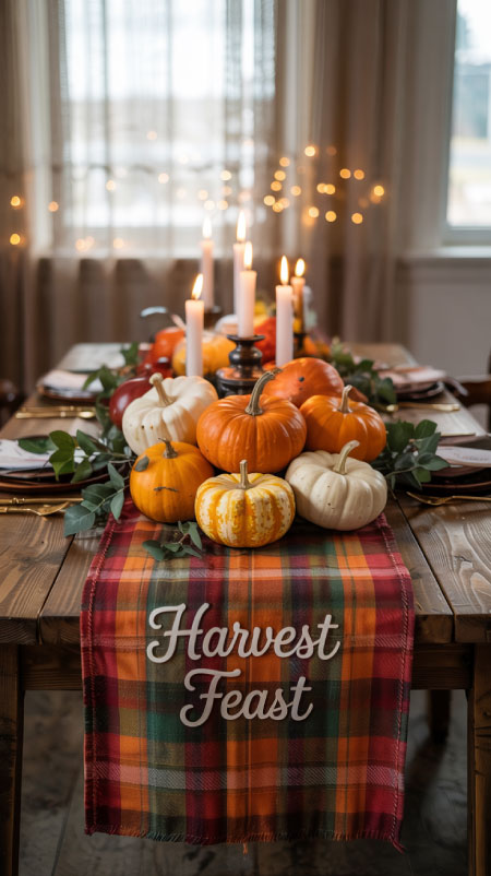 Fall table runner with plaid pattern and layered centerpiece of LED candles, pumpkins, and eucalyptus—cozy autumn dinner setting.”