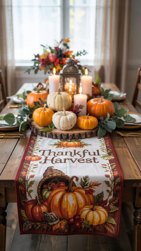 Fall table runner with plaid pattern and layered centerpiece of LED candles, pumpkins, and eucalyptus—cozy autumn dinner setting.”
