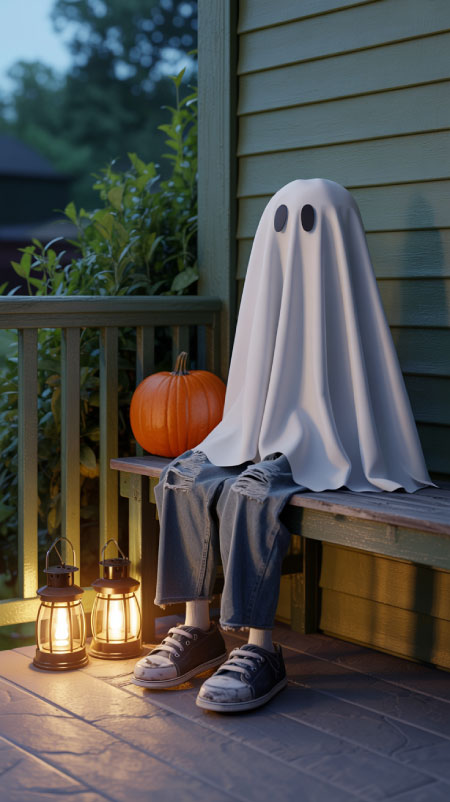 DIY porch ghost made with pool noodles, jeans, shoes, and a white sheet holding a pumpkin—creative Halloween porch idea