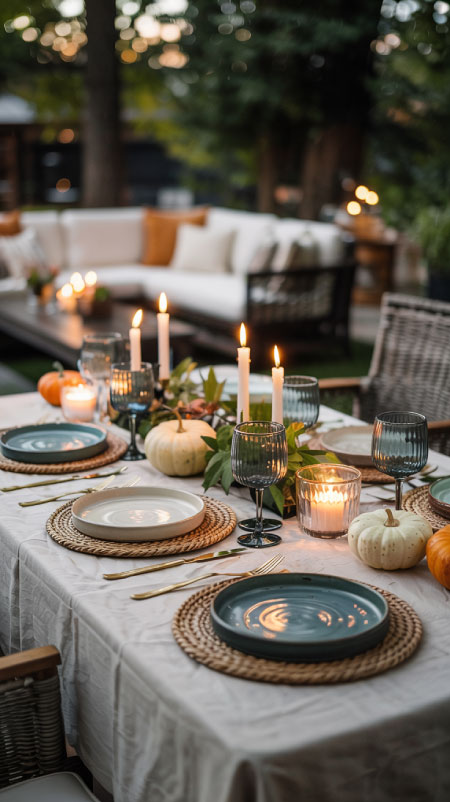 Cream and blue stoneware plates stacked on woven chargers with linen napkins, pumpkins, and candles—elegant fall patio dinner table decor