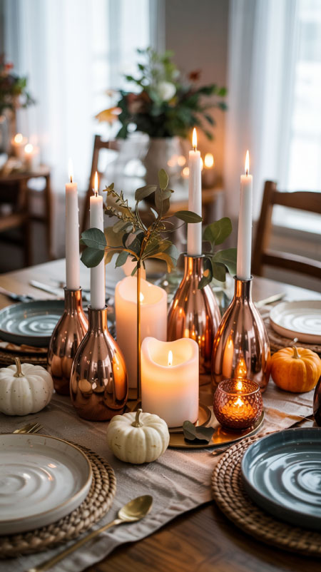 Metallic candle holders in warm copper or gold tones add a hint of elegance