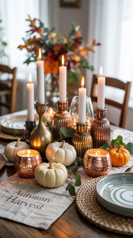 Metallic candle holders in warm copper or gold tones add a hint of elegance