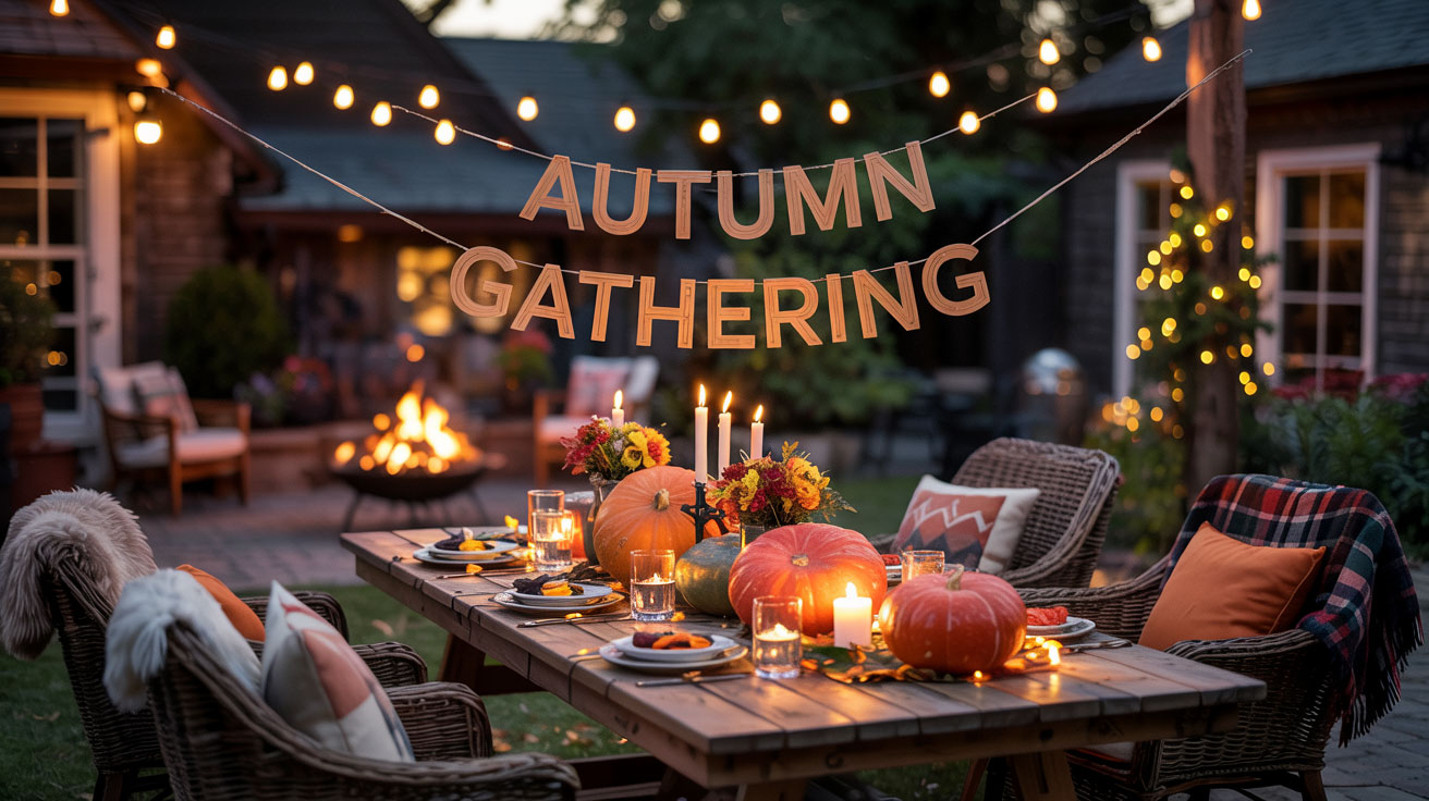 Backyard patio dinner party at dusk with string lights overhead, outdoor table set with pumpkins, plaid throws on chairs, and firepit glowing—cozy autumn ambiance—realistic warm golden lighting