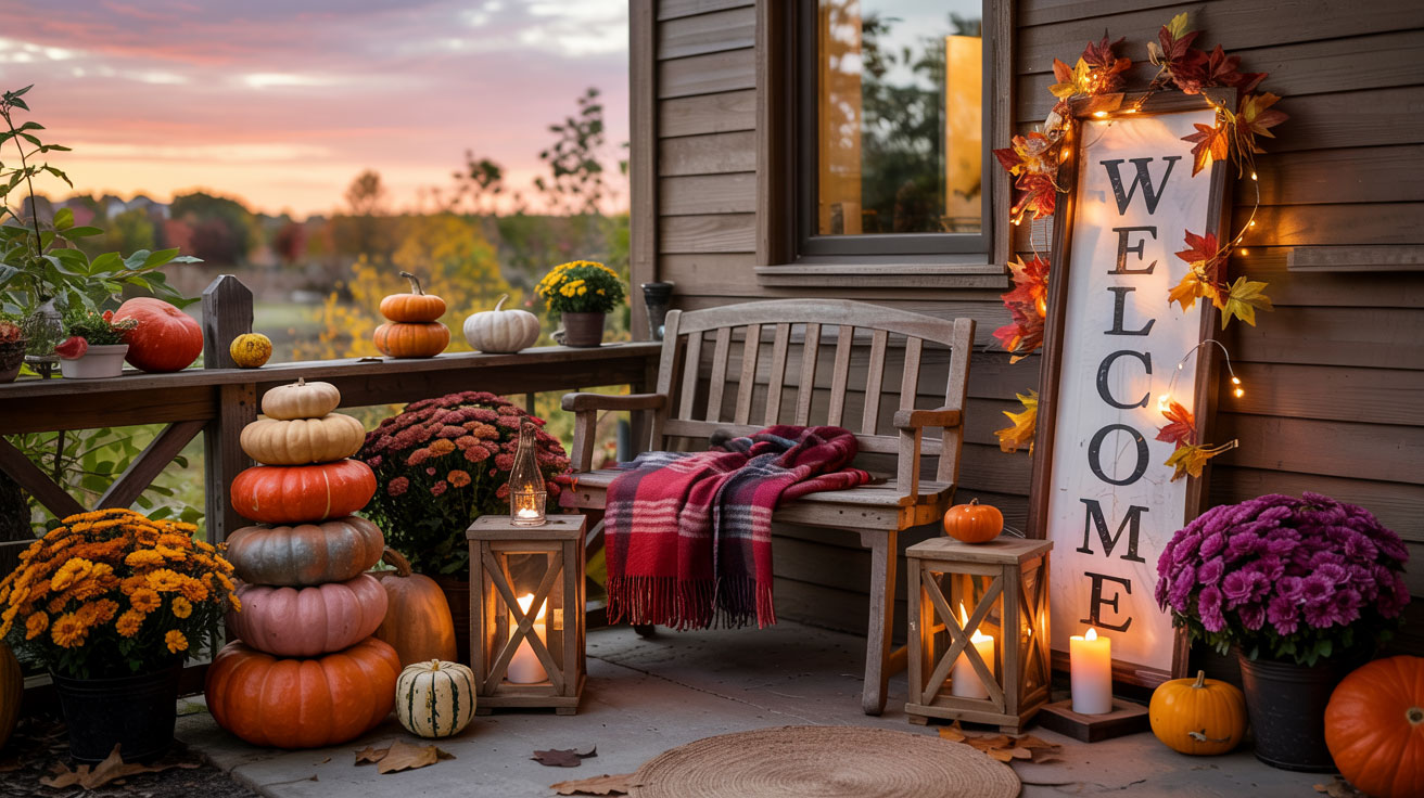 Cozy fall porch decorating ideas with rustic wooden lanterns, maple leaf garlands, potted mums, and plaid throws—front porch fall decor inspiration